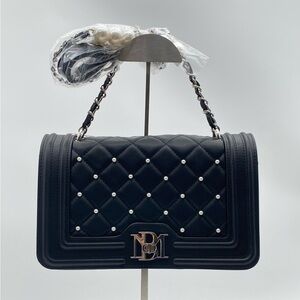 NWT Badgley Mischka Leather Studded Handbag W Silver Crossbody & Pearl Chain